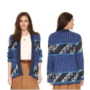 Blue Free People Time and Again Cardigan Fair Isle Wool XS Coastal Grandma
